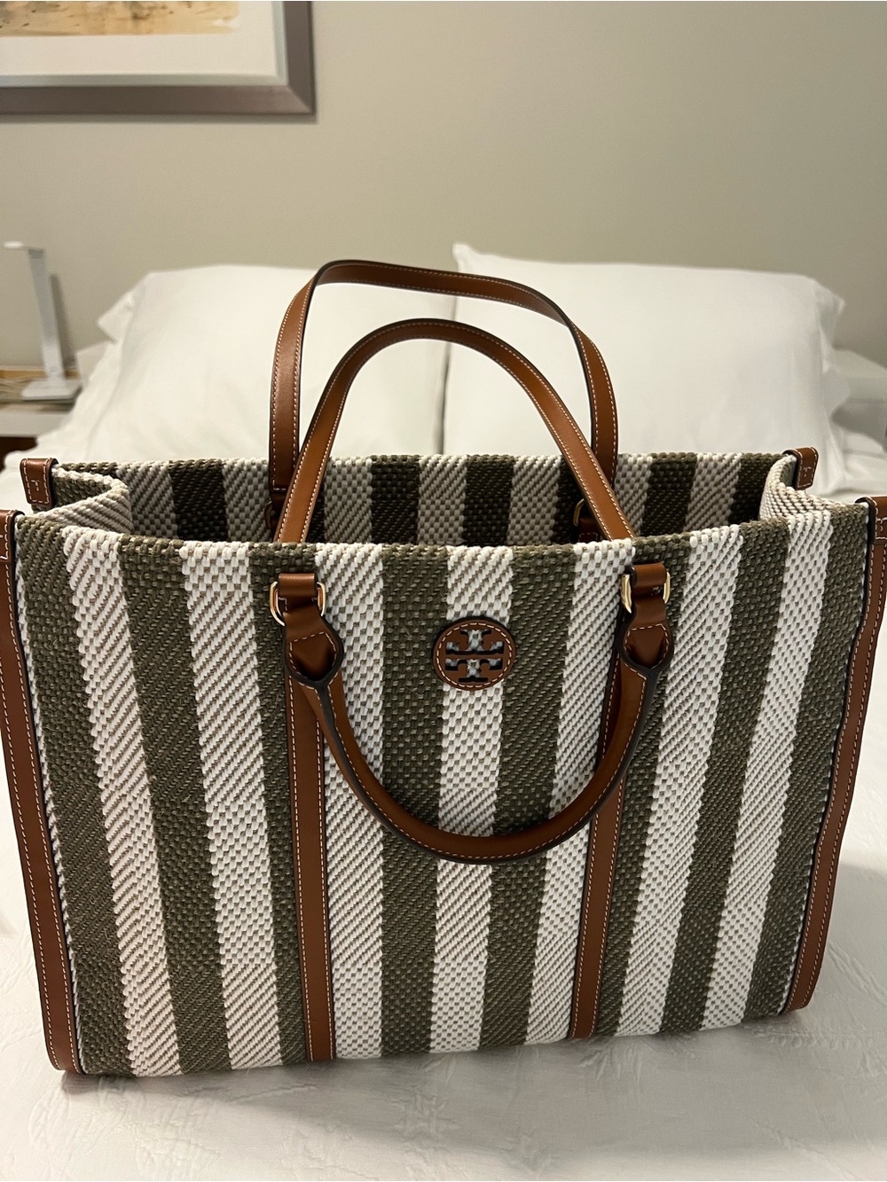 Tory Burch Olive & Cream Striped Tote with Tan Leather Trim
